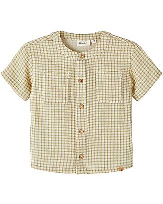 Lil Atelier Camicia Maniche Corte - Quadretti - Sage - Colletto alla Coreana - Lino e Cotone T-shirt