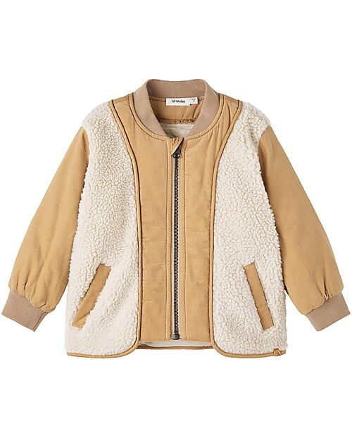 Lil Atelier Giacca Teddy e Velluto - Fog - Chiusura con Zip - Morbido Tessuto Sherpa Giacche