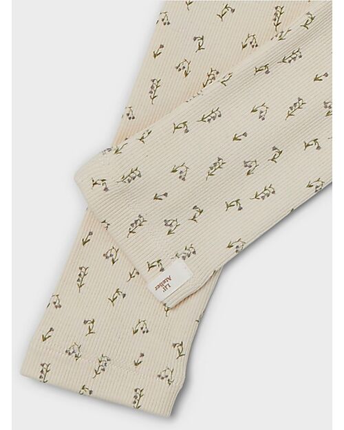 Lil Atelier Leggings a Coste - Whitecap Gray con Fantasia a Fiori - Cotone Bio Leggings