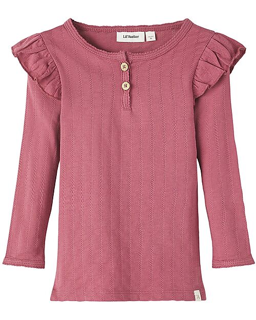 Lil Atelier Maglia Maniche Lunghe con Volant sulle Spalle Rosa Cotone Bio unisex bambini