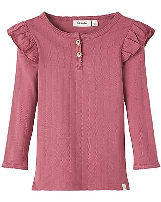 Lil Atelier Maglia Maniche Lunghe con Volant sulle Spalle - Rosa - Cotone Bio Maglie Manica Lunga