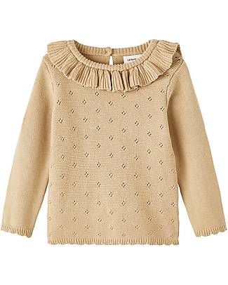 Lil Atelier Maglia Maniche Lunghe - Crema - 100% Cotone Bio - con Volant Maglie Manica Lunga