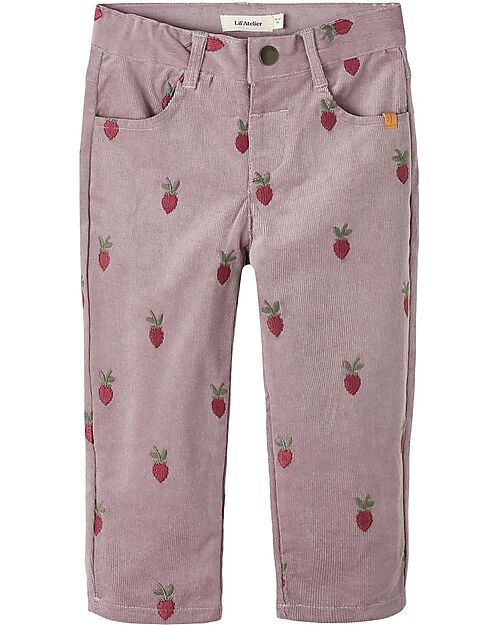 Lil Atelier Pantaloni Effetto Velluto - Quail - Fragole - Cotone Bio Pantaloni Lunghi