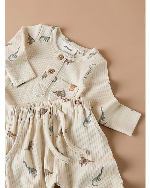 Lil Atelier Pantaloni Lunghi con Coulisse - Dinosauri - Birch - Cotone e Lyocell TENCEL Pantaloni Lunghi