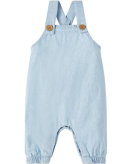 Lil Atelier Salopette con Orli Elasticizzati - Azzurro Denim - 100% Cotone Biologico Salopette