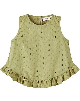 Lil Atelier Top Smanicato - Sage - Tessuto Sangallo - con Volant - 100% Cotone Organico Canotte