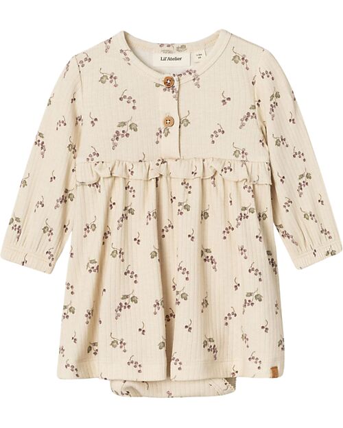 Lil Atelier Vestito a Maniche Lunghe - Crema - Fiori - Cotone Bio - con Volant Vestiti_