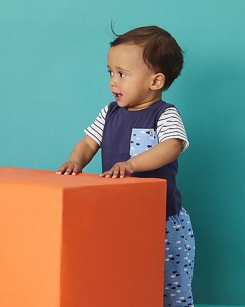 Lilly+Sid Completo Baby 3 Pezzi T-shirt+Pantaloncini+Bavaglino - Pesciolini - 100% cotone bio Pantaloni Corti