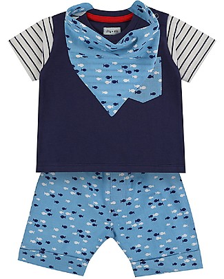 Lilly+Sid Completo Baby 3 Pezzi T-shirt+Pantaloncini+Bavaglino - Pesciolini - 100% cotone bio Set Regalo