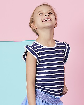 Lilly+Sid Maglia a Ondine con Volant - Blu/Panna - 100% cotone bio T-Shirt e Canotte