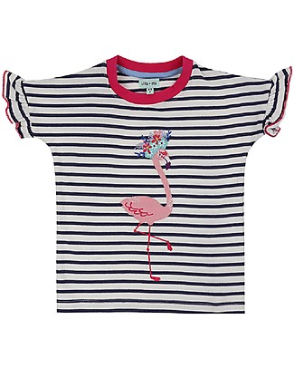 Lilly+Sid Maglia Maniche Corte con Applique e Volant - Fenicottero/Righe Blu - 100% cotone bio T-Shirt e Canotte