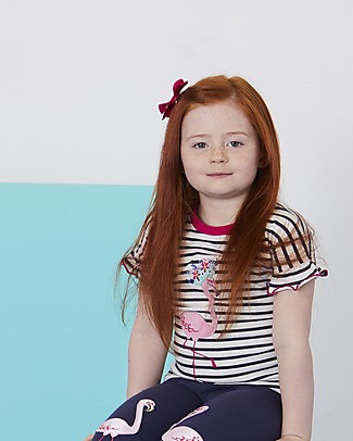 Lilly+Sid Maglia Maniche Corte con Applique e Volant - Fenicottero/Righe Blu - 100% cotone bio T-Shirt e Canotte