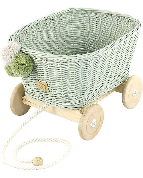 LiLu Carrello per Giocattoli - Verde Salvia - 28 cm - 100% Vimini Carrozzine per Bambole