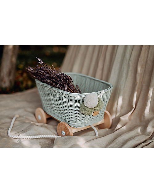 LiLu Carrello per Giocattoli - Verde Salvia - 28 cm - 100% Vimini Carrozzine per Bambole