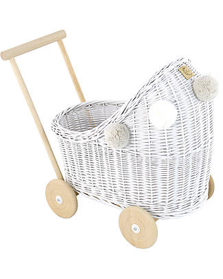 LiLu Carrozzina per Bambole Basso - Bianco - 47 cm - 100% Vimini Carrozzine per Bambole