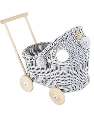 LiLu Carrozzina per Bambole Basso - Grigio - 47 cm - 100% Vimini Carrozzine per Bambole