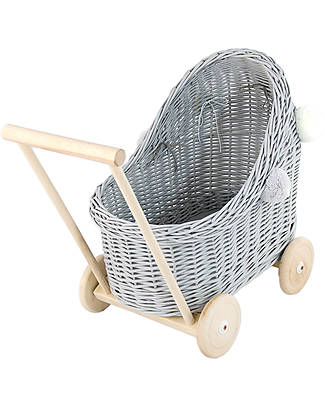 LiLu Carrozzina per Bambole Basso - Grigio - 47 cm - 100% Vimini Carrozzine per Bambole