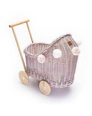 LiLu Carrozzina per Bambole Basso - Rosa - 47 cm - 100% Vimini Carrozzine per Bambole