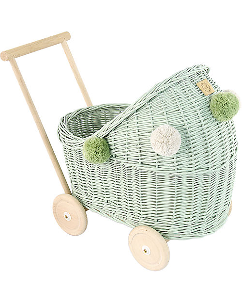 LiLu Carrozzina per Bambole Basso - Verde Salvia - 47 cm - 100% Vimini Carrozzine per Bambole