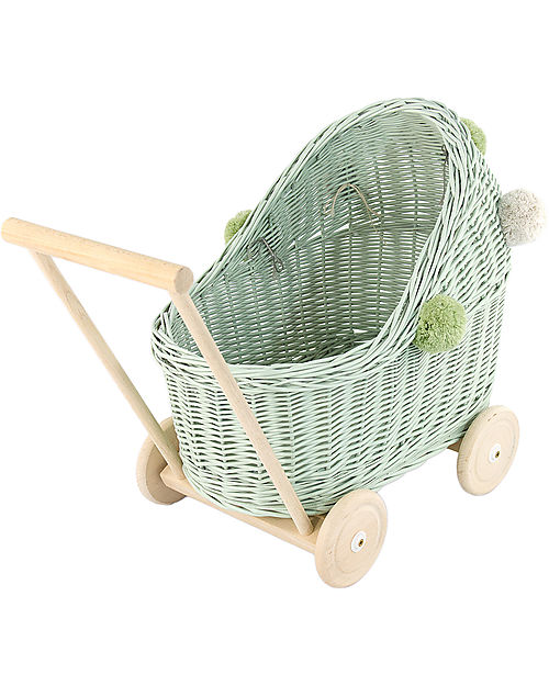 LiLu Carrozzina per Bambole Basso - Verde Salvia - 47 cm - 100% Vimini Carrozzine per Bambole