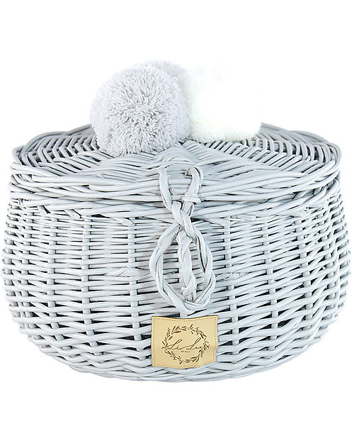 LiLu Cestino Grande con PomPoms e Coperchio - 14 cm - Grigio - 100% Vimini Cestini in Vimini