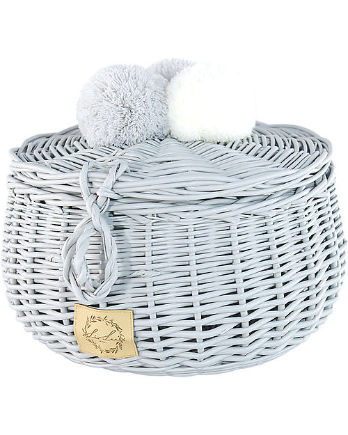 LiLu Cestino Grande con PomPoms e Coperchio - 14 cm - Grigio - 100% Vimini Cestini in Vimini