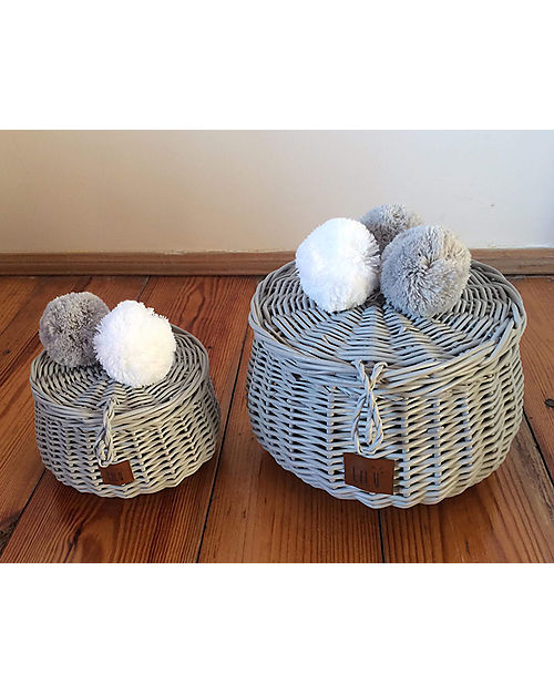 LiLu Cestino Grande con PomPoms e Coperchio - 14 cm - Grigio - 100% Vimini Cestini in Vimini