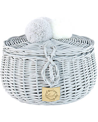 LiLu Cestino Grande con PomPoms e Coperchio - 14 cm - Grigio - 100% Vimini Contenitori Portaoggetti