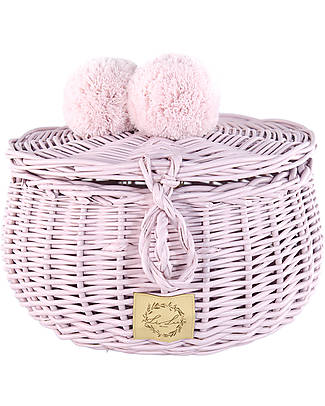 LiLu Cestino Grande con PomPoms e Coperchio - 14 cm - Rosa - 100% Vimini Contenitori Portaoggetti
