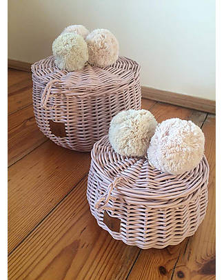 LiLu Cestino Grande con PomPoms e Coperchio - 14 cm - Rosa - 100% Vimini Contenitori Portaoggetti