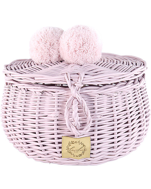 LiLu Cestino Grande con PomPoms e Coperchio - Rosa - 14 cm - 100% Vimini Cestini in Vimini