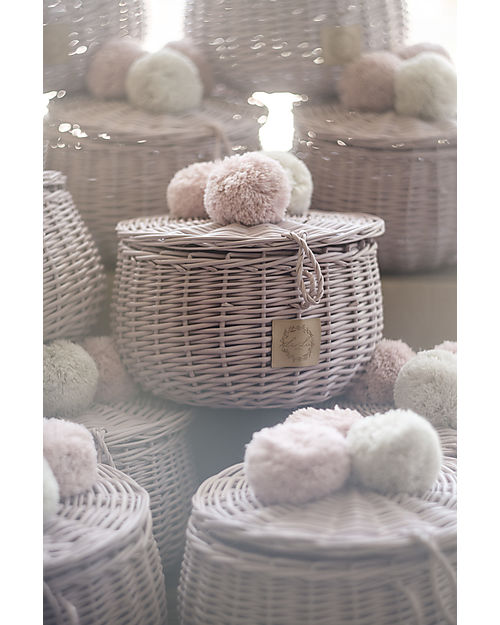 LiLu Cestino Grande con PomPoms e Coperchio - Rosa - 14 cm - 100% Vimini Cestini in Vimini