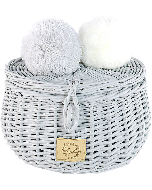 LiLu Cestino Piccolo con PomPoms e Coperchio -Grigio - 10 cm - 100% Vimini Cestini in Vimini