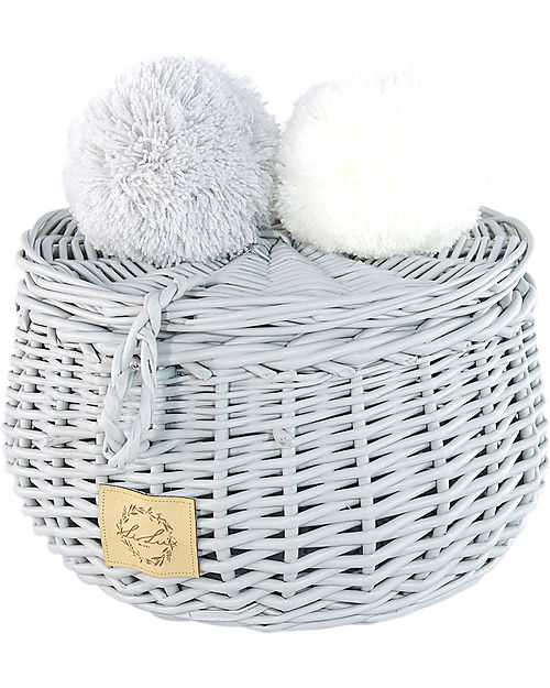 LiLu Cestino Piccolo con PomPoms e Coperchio -Grigio - 10 cm - 100% Vimini Cestini in Vimini