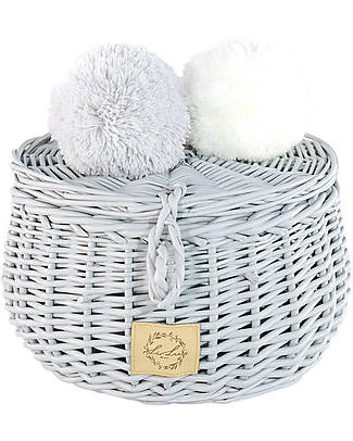 LiLu Cestino Piccolo con PomPoms e Coperchio -Grigio - 10 cm - 100% Vimini Contenitori Portaoggetti