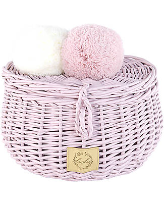 LiLu Cestino Piccolo con PomPoms e Coperchio - Rosa - 10 cm - 100% Vimini Contenitori Portaoggetti