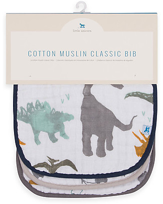 Little Unicorn Set 3 Bavaglini, Dino Friends - 3 Strati di 100 % Mussola di Cotone Bavagli Classici