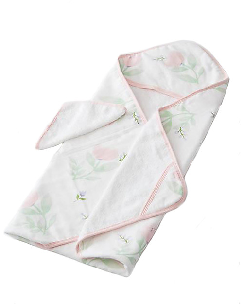 Little Unicorn Set Asciugamano con Cappuccio e Manopola, Pink Peony - Spugna di mussola di cotone Accappatoi e Asciugamani