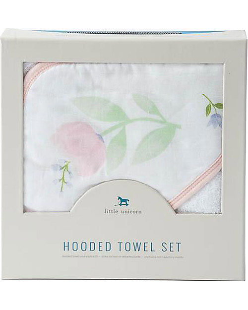 Little Unicorn Set Asciugamano con Cappuccio e Manopola, Pink Peony - Spugna di mussola di cotone Accappatoi e Asciugamani