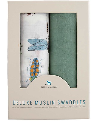 Little Unicorn Set di 2 Maxi Coperte Swaddle Multiuso Deluxe - Bugs - 120 x 120 cm - 100% Mussola di Bambù Swaddle di Mussola