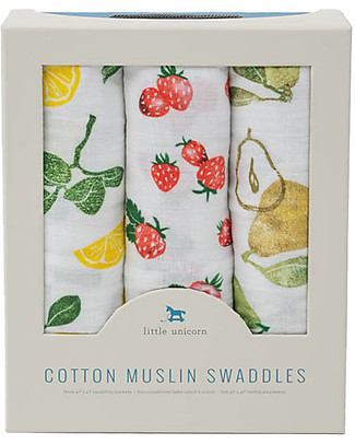 Little Unicorn Set di 3 Maxi Coperte Swaddle Milleusi - Fruit Stand - 120 x 120 cm - 100% Mussola di Cotone Swaddle di Mussola