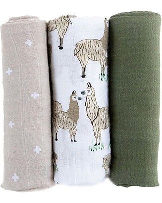 Little Unicorn Set di 3 Maxi Coperte Swaddle Milleusi - Lama - 120 x 120 cm - 100% Mussola di Cotone Swaddle di Mussola