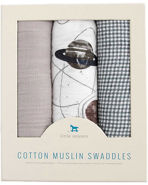 Little Unicorn Set di 3 Maxi Coperte Swaddle Milleusi -Planetary-  120 x 120 cm - 100% Mussola di Cotone Swaddle di Mussola