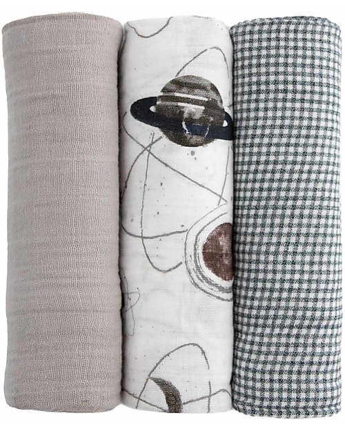 Little Unicorn Set di 3 Maxi Coperte Swaddle Milleusi -Planetary-  120 x 120 cm - 100% Mussola di Cotone Swaddle di Mussola