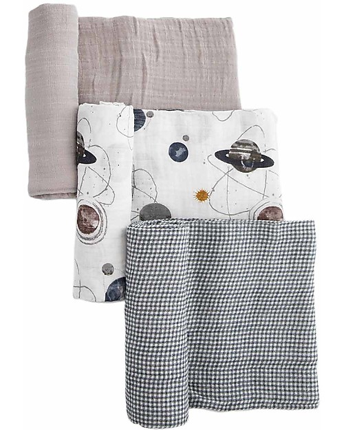 Little Unicorn Set di 3 Maxi Coperte Swaddle Milleusi -Planetary-  120 x 120 cm - 100% Mussola di Cotone Swaddle di Mussola