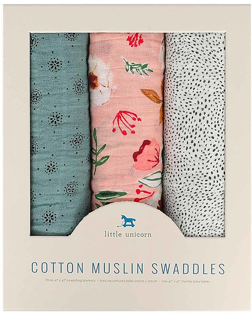 Little Unicorn Set di 3 Maxi Coperte Swaddle Milleusi - Vintage Floral - 120 x 120 cm - 100% Mussola di Cotone Swaddle di Mussola