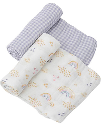 Little Unicorn Set regalo di 2 Maxi Copertine Swaddle Arcobaleno - Deluxe Milleusi 120 x 120 cm - 100% Mussola di Bambù Coperte