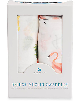 Little Unicorn Set regalo di 2 Maxi Copertine Swaddle Fenicotteri Rosa/Ananas, Deluxe Milleusi 120 x 120 cm - 100% Mussola di Bambù Copertine Swaddles