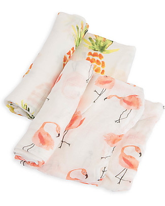 Little Unicorn Set regalo di 2 Maxi Copertine Swaddle Fenicotteri Rosa/Ananas, Deluxe Milleusi 120 x 120 cm - 100% Mussola di Bambù Copertine Swaddles