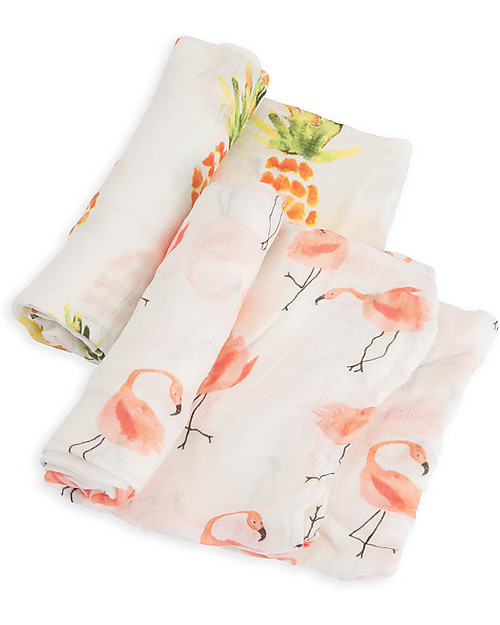 Little Unicorn Set regalo di 2 Maxi Copertine Swaddle Fenicotteri Rosa/Ananas, Deluxe Milleusi 120 x 120 cm - 100% Mussola di Bambù Swaddle di Mussola